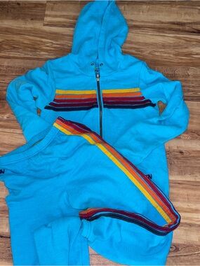 Aviator Nation Kids Turquoise Hoodie & Sweatpants Set with Rainbow Stripes